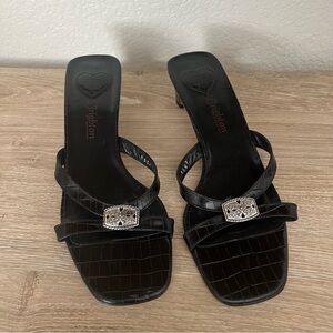 BRIGHTON “Kiki” Croc Embossed Leather Mules with Two Inch Heels - Women’s 8